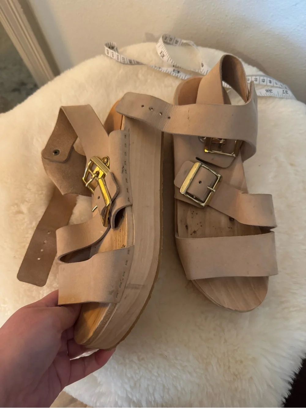 Bryr Tan Leather Double-Buckle Sandals with Gold Hardware